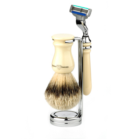 Pure badger hair brush on stand with razor