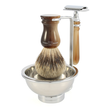 Badger hair brush on stand with razor and soap bowl